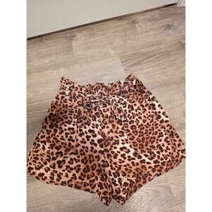 Rebecca Minkoff Leopard Print Linen Blend Paperbag Waist Shorts Brown Black L